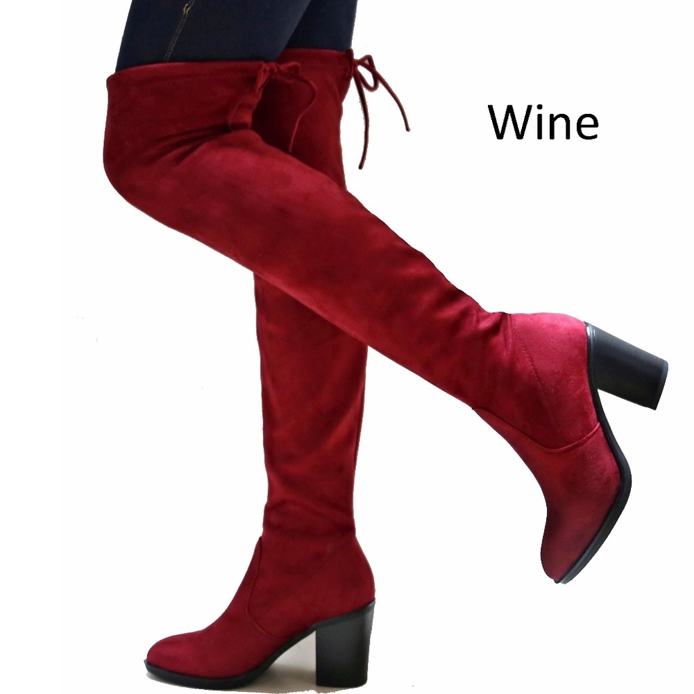 Wine Stretchy Over Knee Drawstring Heel Boot 8 8.5 - Picture 1 of 2